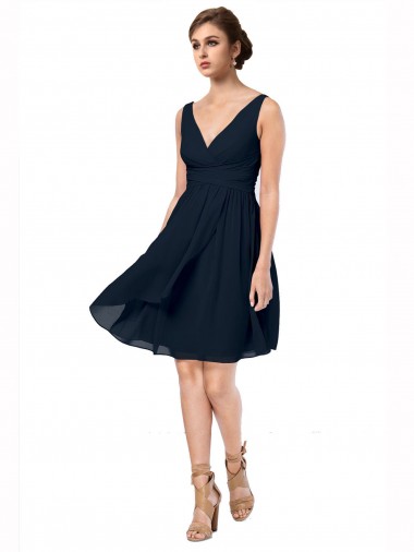 Knee Length Sleeveless Soft Chiffon Dark Navy V-Neck A-Line Bridesmaid Dress Newcastle