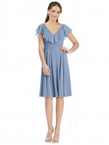 Cocktail Length Cap Sleeves Soft Chiffon Dusty Blue A-Line Bridesmaid Dress Newcastle
