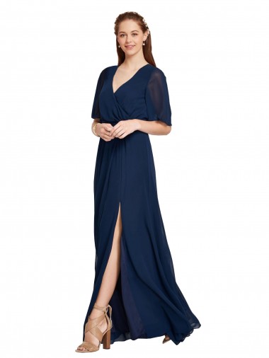 Long Flutter Sleeves Soft Chiffon Dark Navy A-Line Bridesmaid Dress / Formal Dress Newcastle