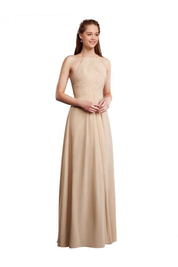 Long Sleeveless Soft Chiffon Champagne Halter Neck A-Line Bridesmaid Dress Newcastle