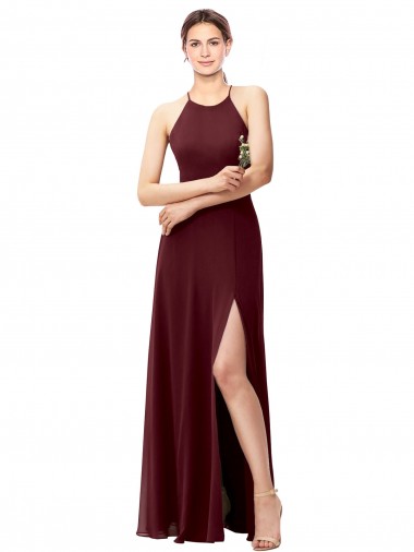 Long Sleeveless Soft Chiffon Burgundy Gold Halter Neck A-Line Bridesmaid Dress Newcastle