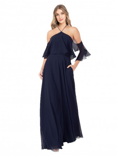 Long Flutter Sleeves Soft Chiffon Dark Navy A-Line Formal Dress / Bridesmaid Dress Newcastle