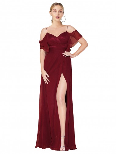 Long Cold Shoulder Soft Chiffon Burgundy Trumpet Formal Evening Gown / Prom Dress / Bridesmaid Dress Newcastle