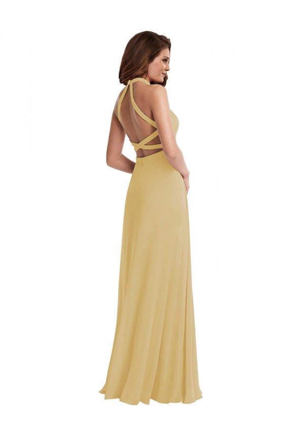 Long Sleeveless Soft Chiffon Gold A-Line Semi Formal Evening Dress / Bridesmaid Dress Newcastle
