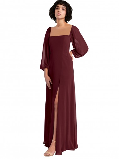 Long Long Sleeves Chiffon Burgundy Gold A-Line Bridesmaid Dress / Evening Dress Newcastle