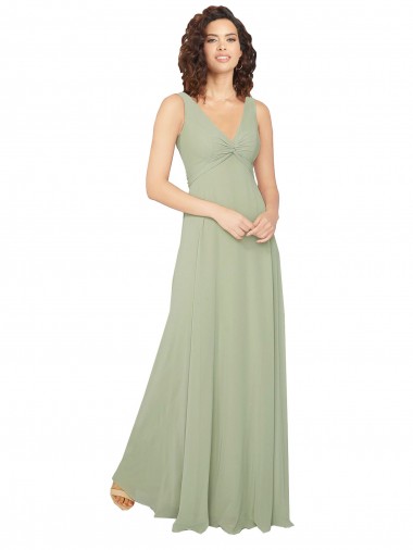 Long Sleeveless Chiffon Sage V-Neck A-Line Bridesmaid Dress / Evening Dress Newcastle