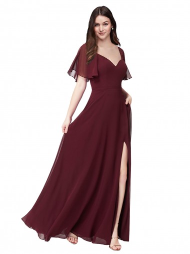 Long Short Flutter Sleeves Soft Chiffon Burgundy Gold A-Line Formal Dress / Bridesmaid Dress Newcastle