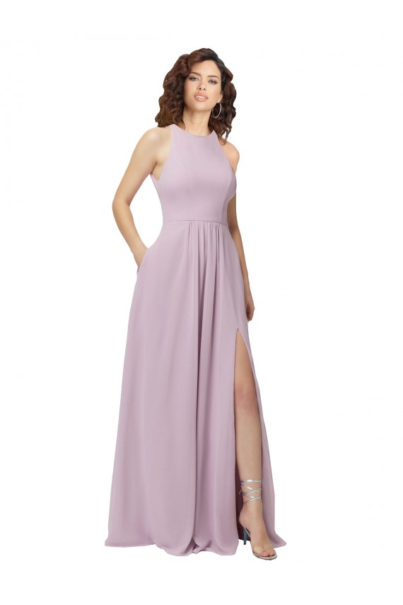 Long Sleeveless Soft Chiffon Pink Glow Halter Neck A-Line Bridesmaid Dress Newcastle