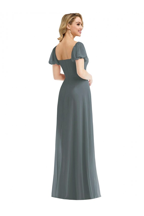Long Puff Sleeves Soft Chiffon Slate Grey A-Line Semi Formal Evening Dress / Bridesmaid Dress Newcastle