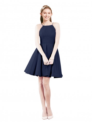 Knee Length Sleeveless Satin Dark Navy Halter Neck A-Line Bridesmaid Gown Newcastle