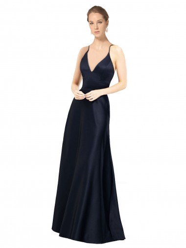 Long Sleeveless Satin Dark Navy A-Line Prom Dress / Bridal Party Dress Newcastle
