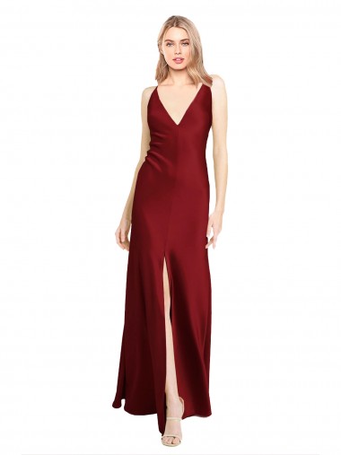 Long Sleeveless Stretch Satin Burgundy V-Neck A-Line Black Tie Evening Gown / Prom Dress / Bridesmaid Dress Newcastle