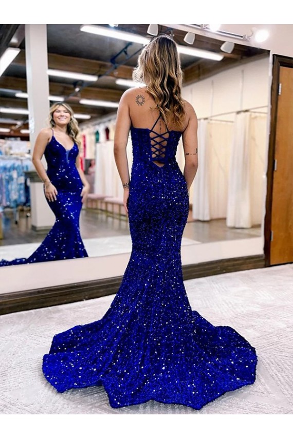 Court Train Sleeveless Velvet Sequin Royal Blue Mermaid Prom Dress Newcastle