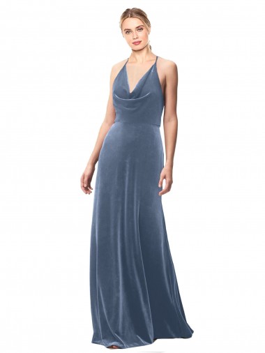 Long Sleeveless Stretch Velvet Dusty Blue Spaghetti Straps A-Line Prom Dress / Bridesmaid Dress Newcastle