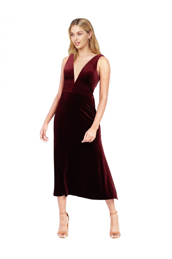 Midi Length Sleeveless Stretch Velvet Burgundy A-Line Prom Dress / Bridesmaid Dress Newcastle
