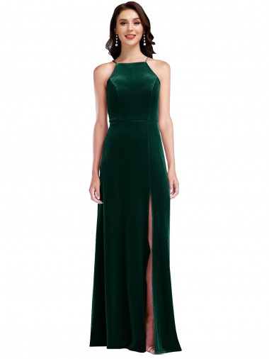 Long Sleeveless Stretch Velvet Dark Green A-Line Semi Formal Evening Dress / Prom Dress / Bridesmaid Dress Newcastle