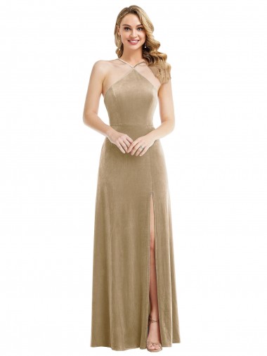 Long Sleeveless Stretch Velvet Champagne A-Line Semi Formal Evening Dress / Prom Dress / Bridesmaid Dress Newcastle